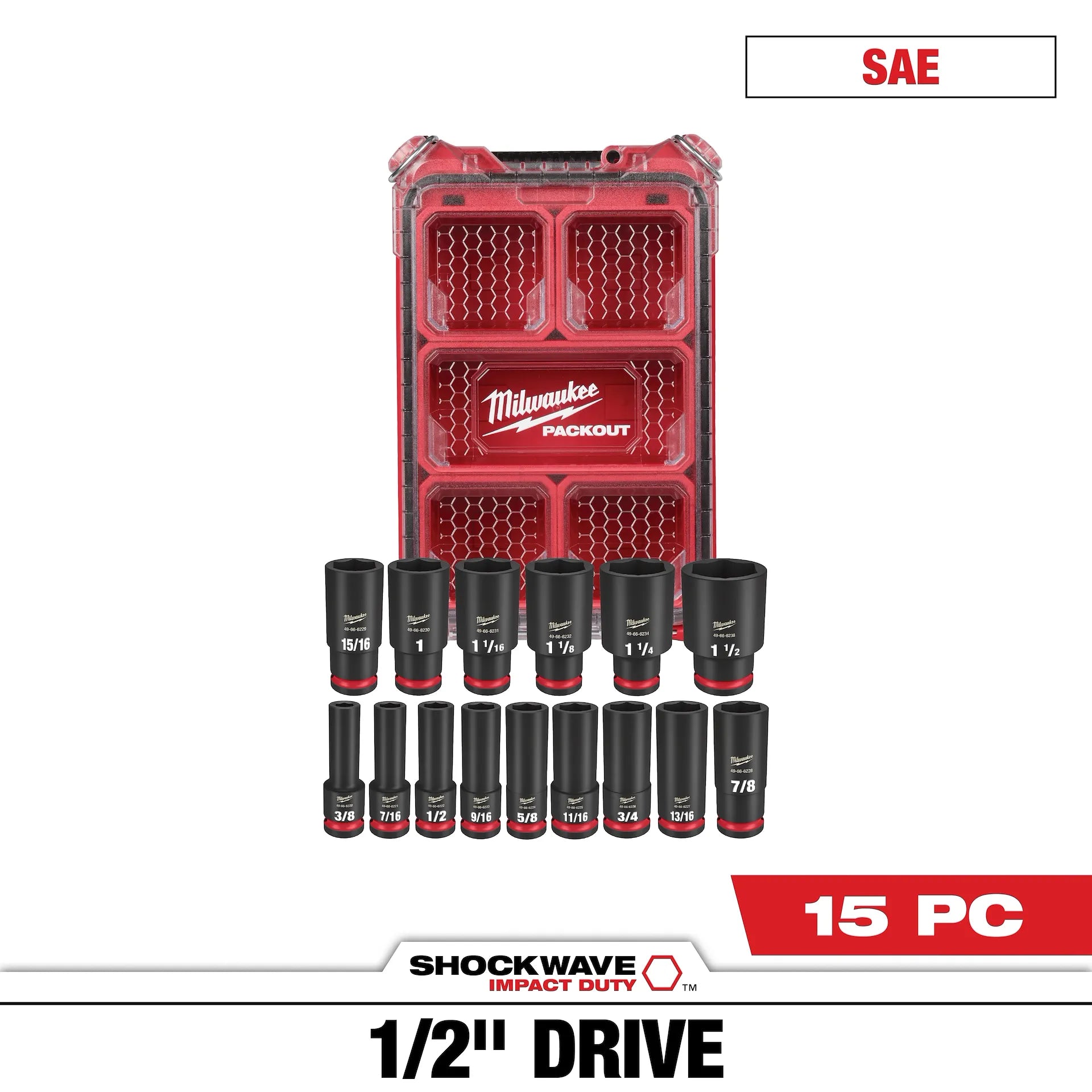 MILWAUKEE 49-66-6802 15PC SHOCKWAVE™ Impact Duty Socket 1/2” Drive SAE Set with PACKOUT™