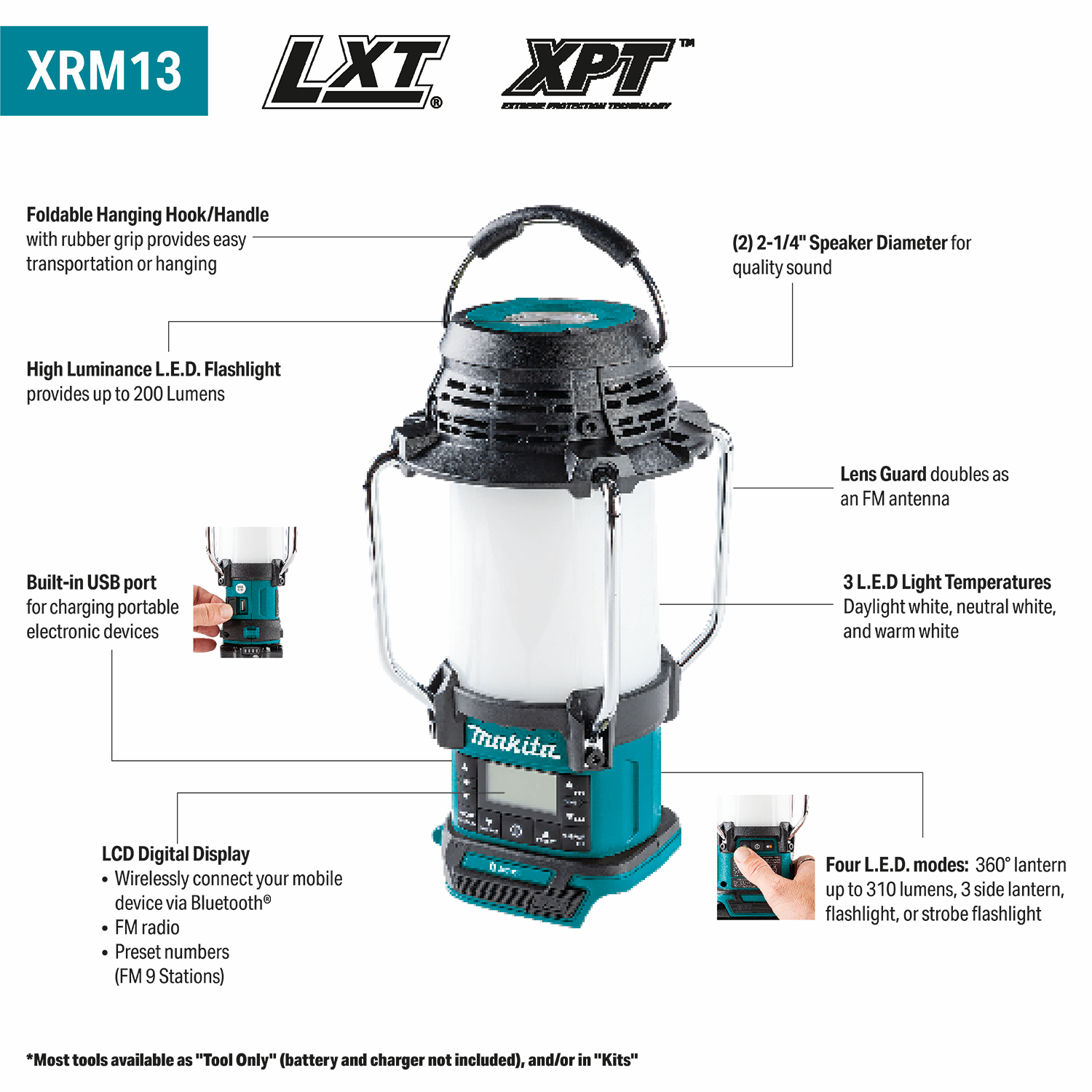 MAKITA XRM13 18V LXT® Lithium‑Ion Cordless Bluetooth® Radio and L.E.D. Lantern, Tool Only