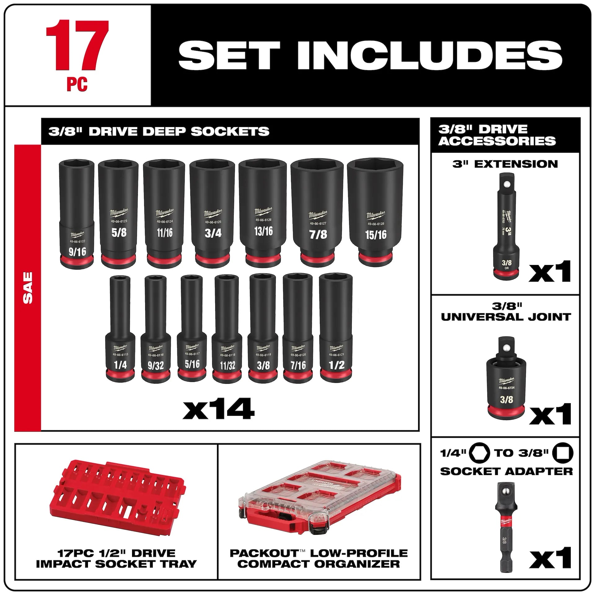MILWAUKEE 49-66-6800 17PC SHOCKWAVE™ Impact Duty Socket 3/8” Drive SAE Set with PACKOUT™
