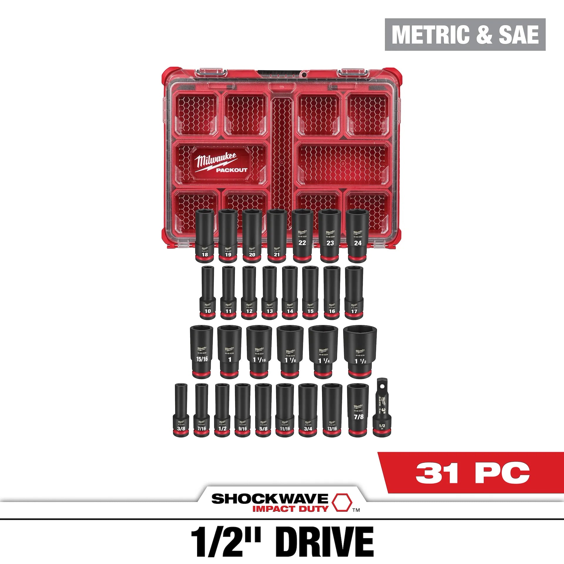 MILWAUKEE 49-66-6806 31PC SHOCKWAVE™ Impact Duty Socket 1/2” Drive Set with PACKOUT™