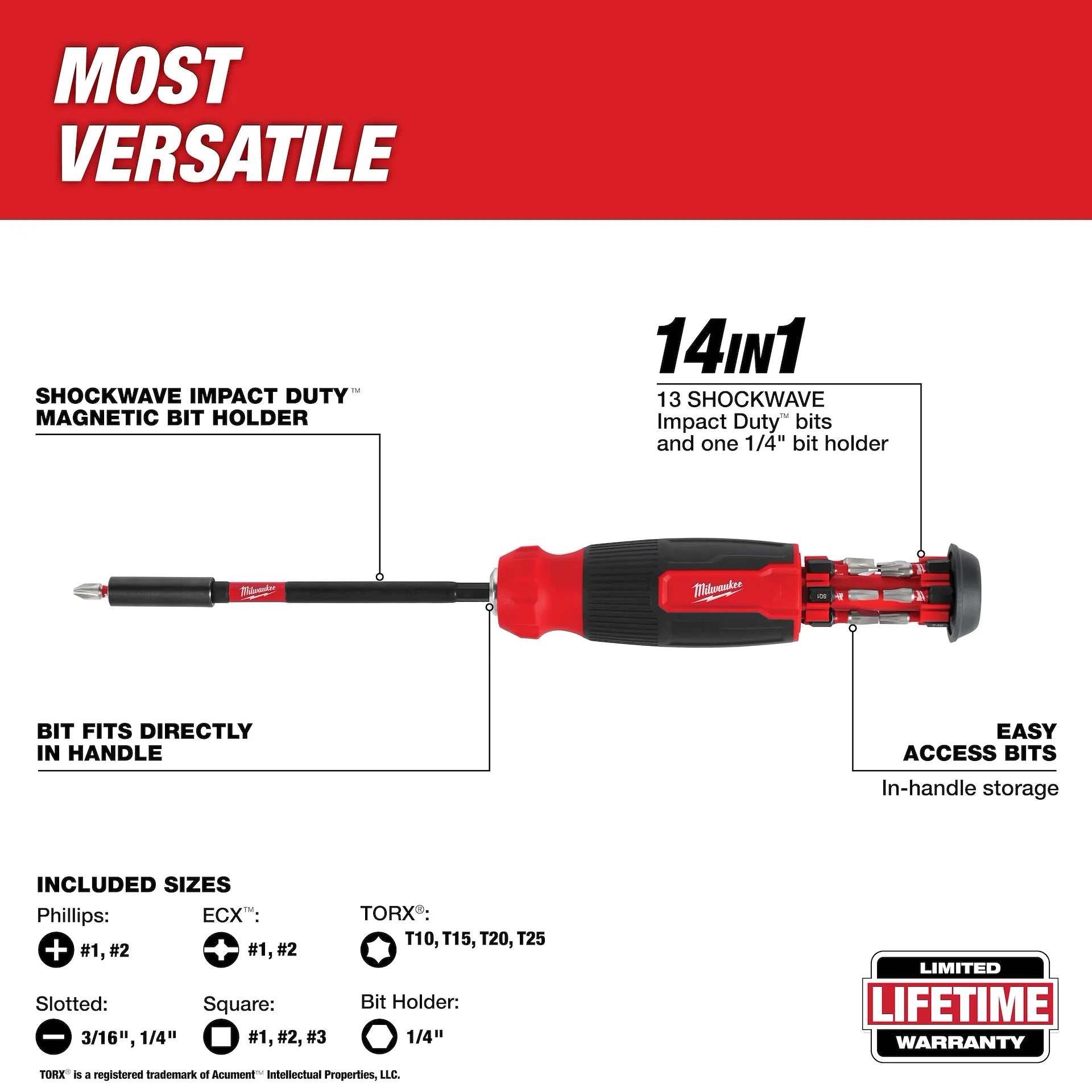MILWAUKEE 48-22-2915 14-in-1 Multi-Bit Screwdriver W/ SHOCKWAVE Impact Duty™ Bits