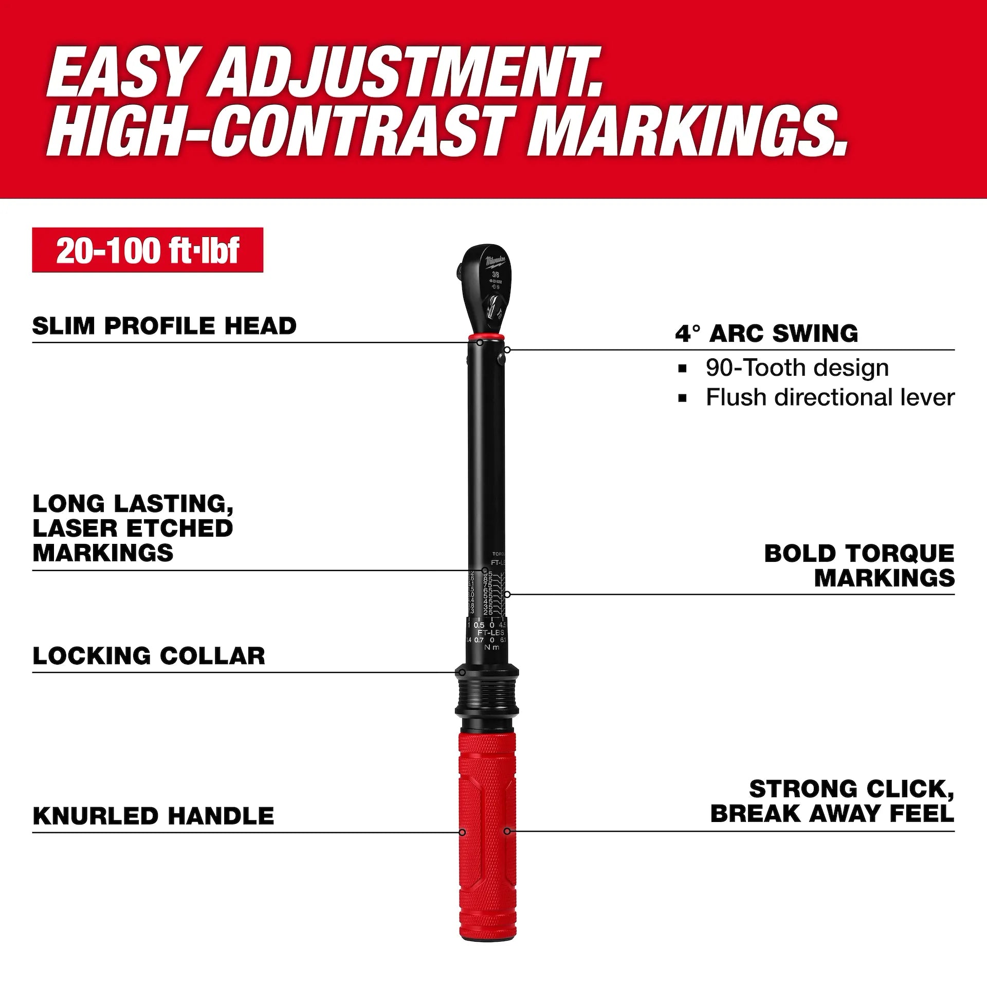 MILWAUKEE 48-22-9202 3/8” Drive Click Torque Wrench (20-100 ft·lbf)