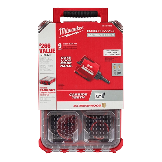 MILWAUKEE 49-56-9295 9 PC BIG HAWG™ with Carbide Teeth Hole Saw Kit w/ PACKOUT™ Compact Organizer