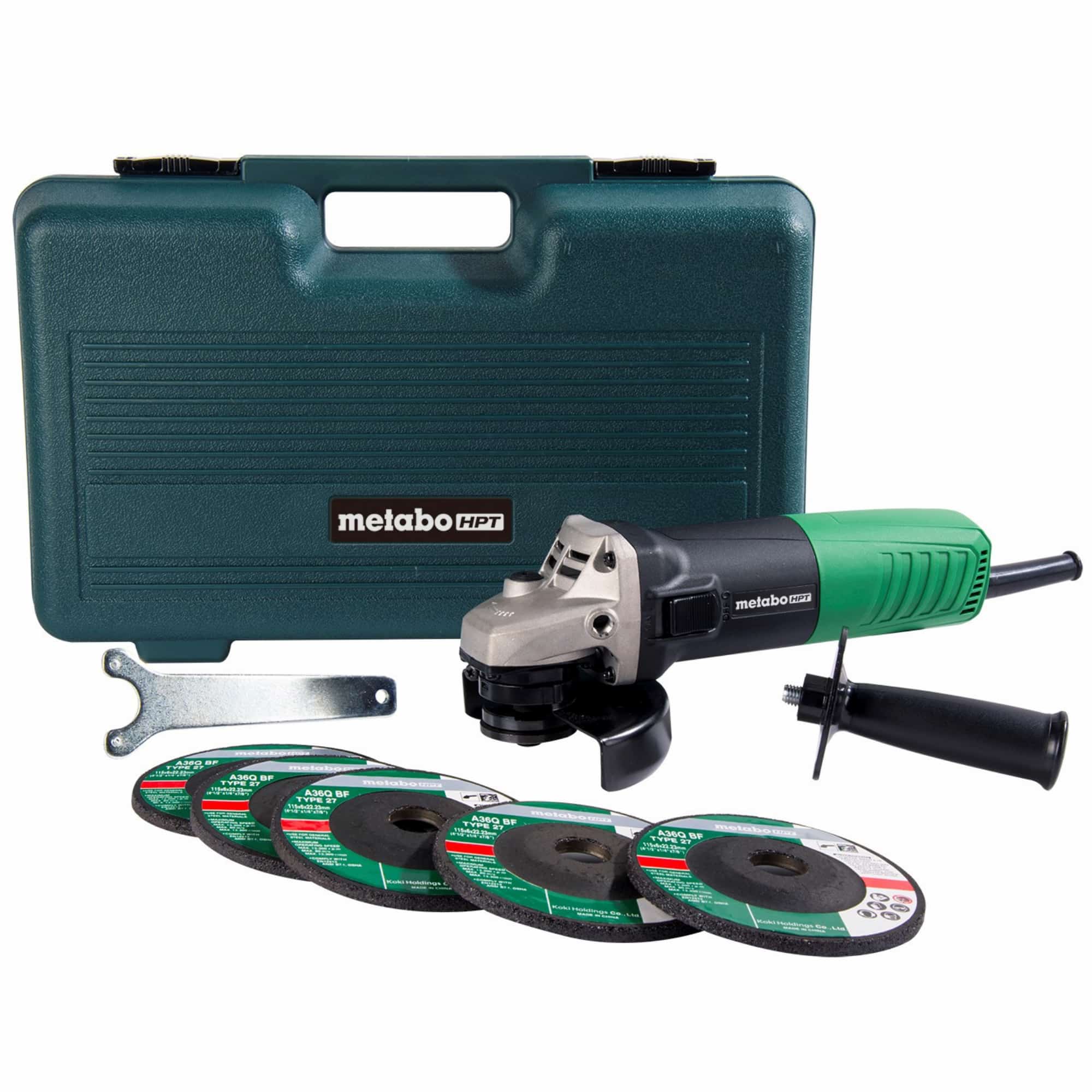 METABO G12SR4M 4-1/2 Inch 6.2 Amp Slide Switch Angle Grinder Kit w/ 5 Abrasive Wheels