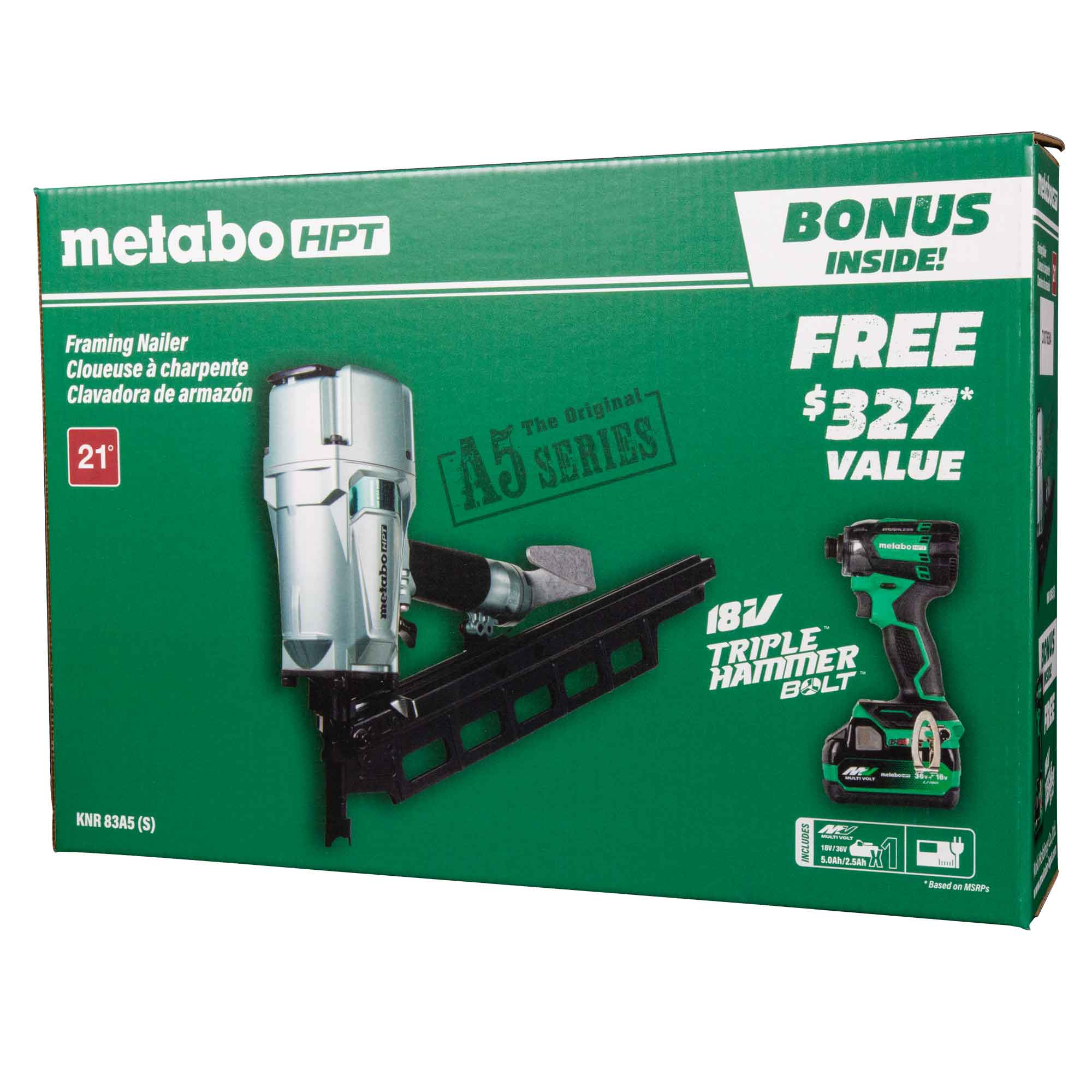 METABO KNR83A5(S)M Pro Bundle 3-1/4 Inch 21° Plastic Collated Framing Nailer with BONUS Impact Driver Kit