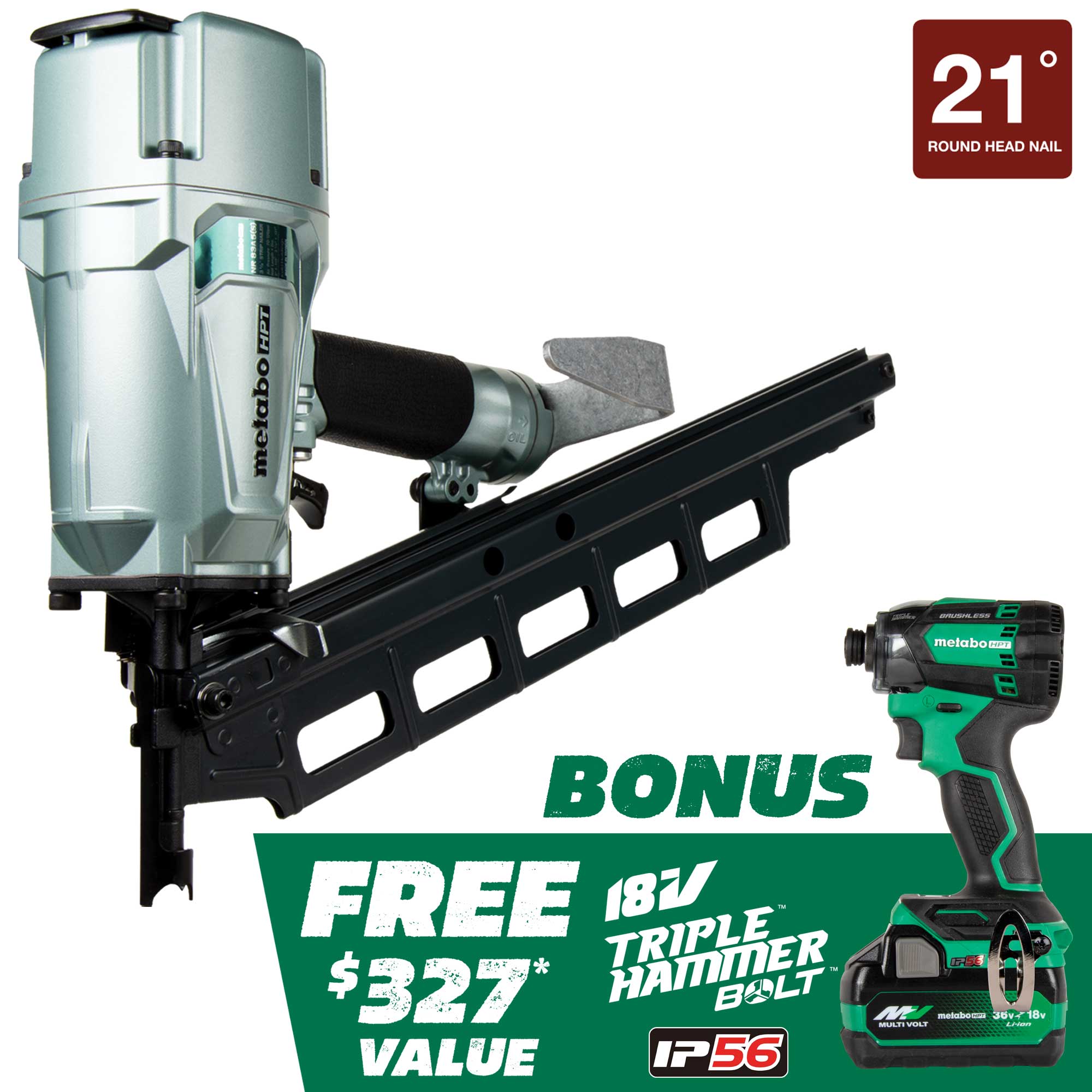METABO KNR83A5(S)M Pro Bundle 3-1/4 Inch 21° Plastic Collated Framing Nailer with BONUS Impact Driver Kit