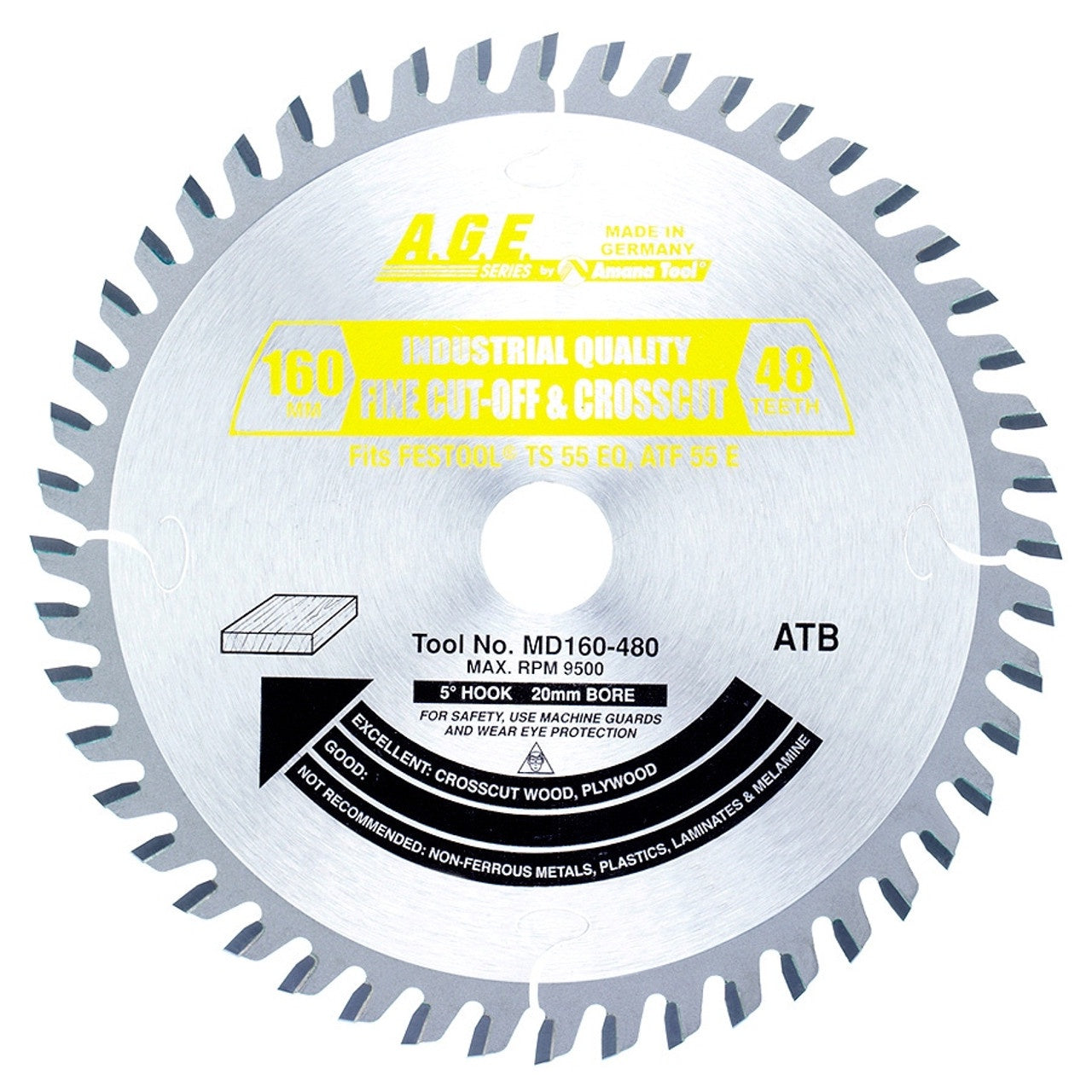 AGE MD160-480 Festool Track Saw Blade – 160mm 48T ATB Crosscut, 20mm Bore, Carbide Tipped