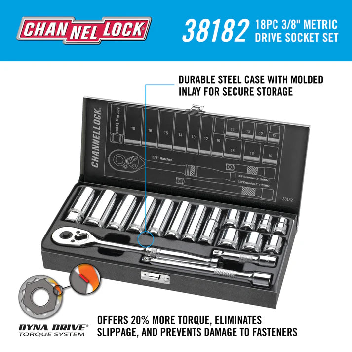 CHANNEL LOCK 38182 18PC 3/8 inch Drive Standard Socket Set