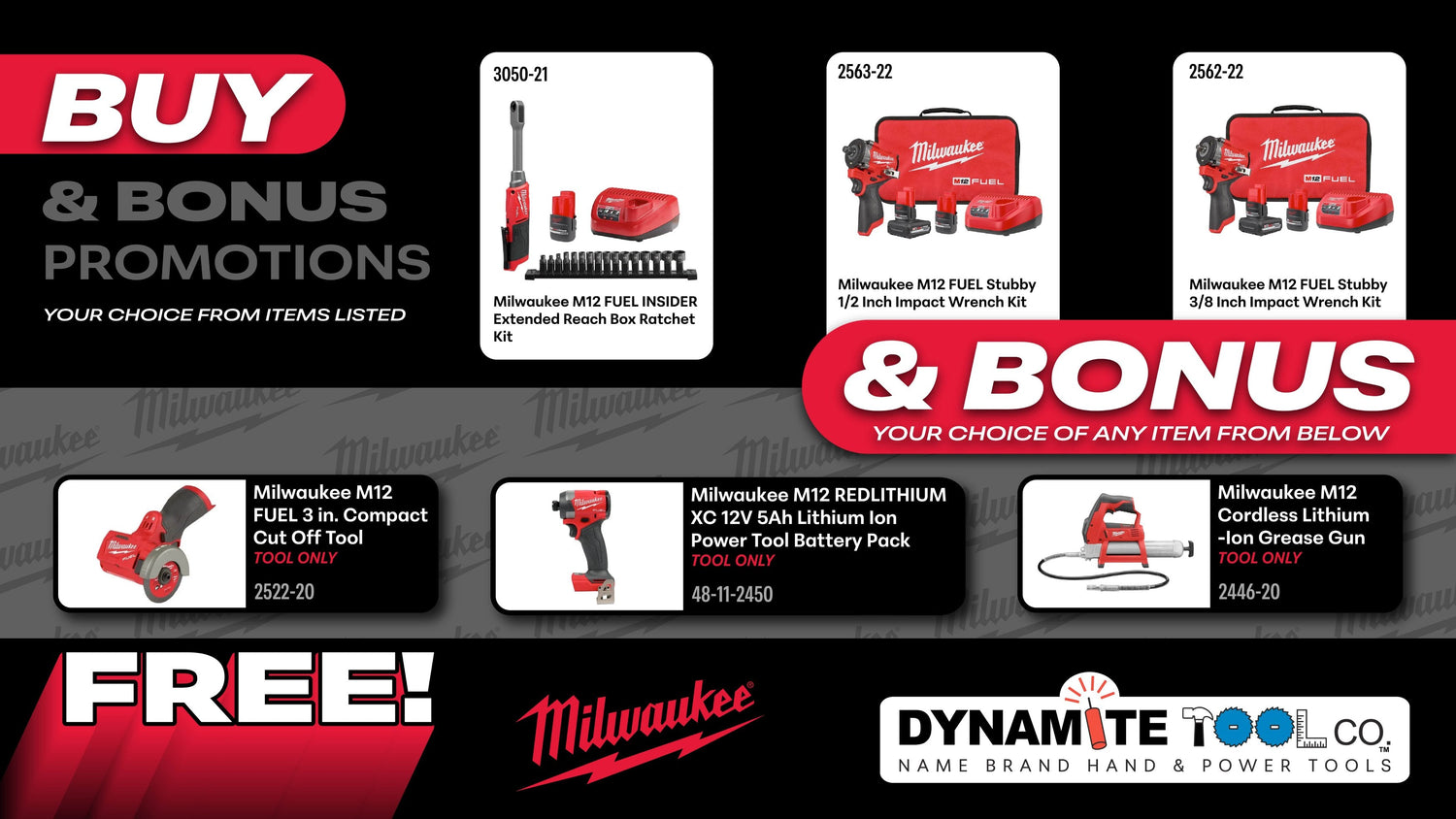 Buy Milwaukee 3050-21 OR 2563-22 OR 2562-22 and Get Bonus