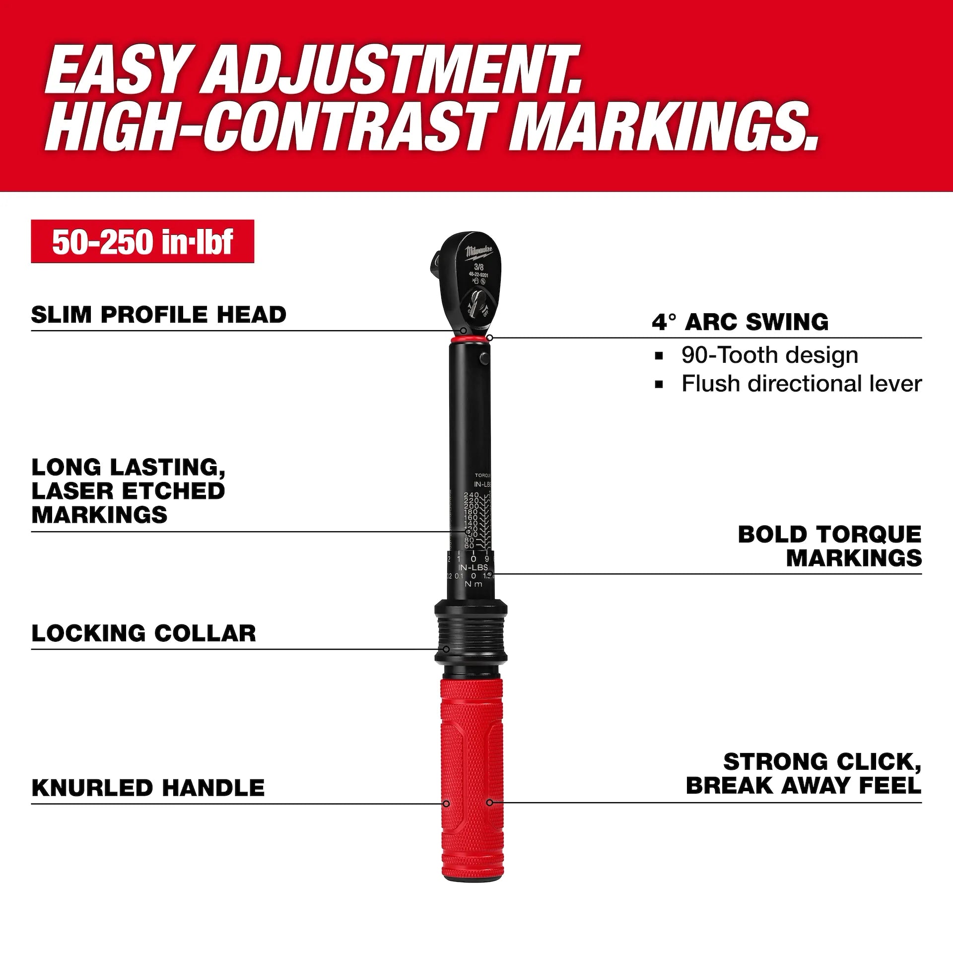 MILWAUKEE 48-22-9201 3/8” Drive Click Torque Wrench (50-250 in·lbf)
