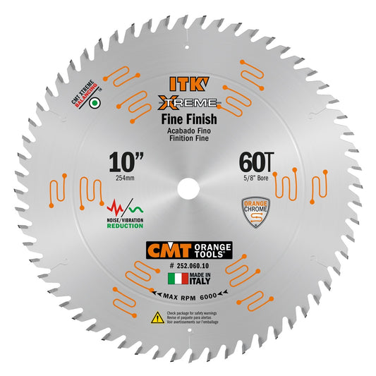 CMT 252.060.10 10" Fine Finish Saw Blade – 60T ATB, 5/8" Bore, Chrome-Coated