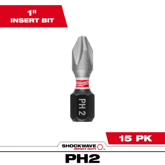 MILWAUKEE 48-32-5003 SHOCKWAVE™ Impact Duty 1"Phillips #2 Insert Bits (15 Contractor PK)