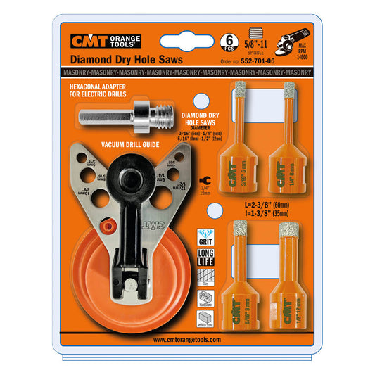 CMT 552-701-06 DIAMOND DRY HOLE SAW SET 1/4"-5/16"- 3/8"-1/2"-552-GUIDE-552-EX16 (6-PC)