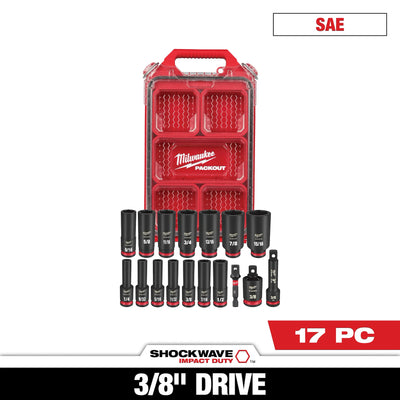 MILWAUKEE 49-66-6800 17PC SHOCKWAVE™ Impact Duty Socket 3/8” Drive SAE Set with PACKOUT™