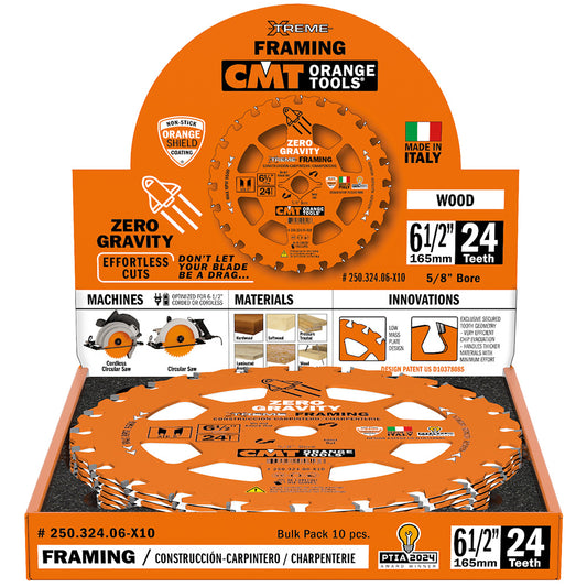 CMT 250.324.07-X10 7-1/4" FRAMING ZERO GRAVITY BLADE B=5/8" 24T ATB 10-PACK
