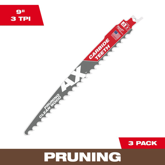 MILWAUKEE 48-00-5332 9" 3 TPI AX™ with Carbide Teeth SAWZALL® Blade for Pruning (3 PK)