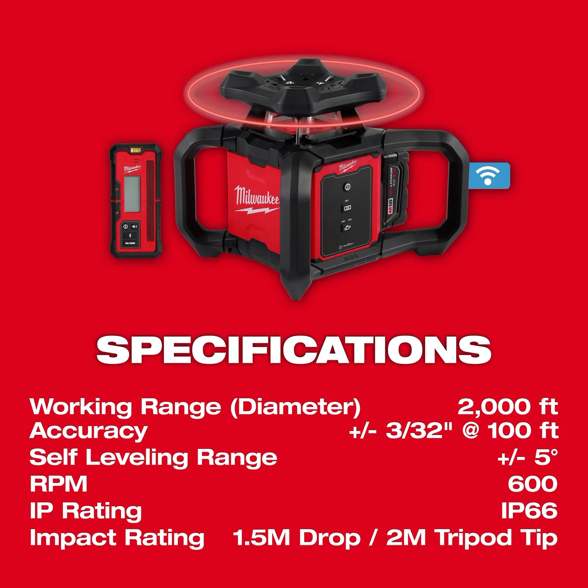 MILWAUKEE 3701-21T M18™ Red Exterior Rotary Laser Level Kit w/ Receiver, Tripod, & Grade Rod