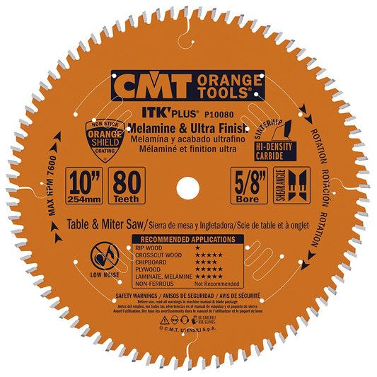 CMT P10080 10" ITK Plus Ultra Finish Saw Blade – 80T ATB+Shear, 5/8" Bore