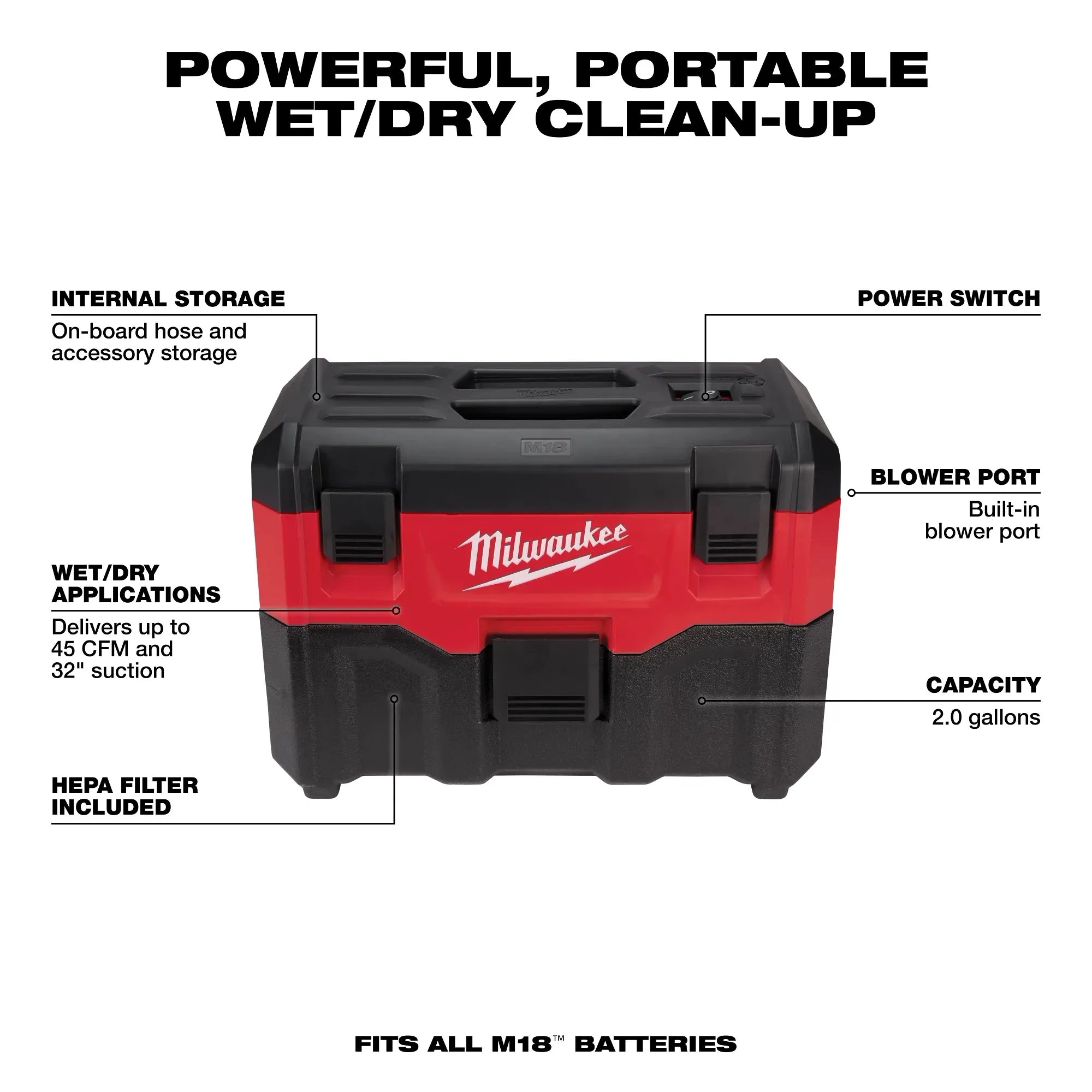 MILWAUKEE 0880-20 M18™ 2-Gallon Wet/Dry Vacuum