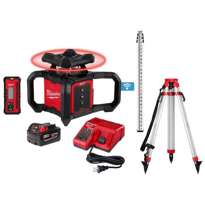 MILWAUKEE 3701-21T M18™ Red Exterior Rotary Laser Level Kit w/ Receiver, Tripod, & Grade Rod
