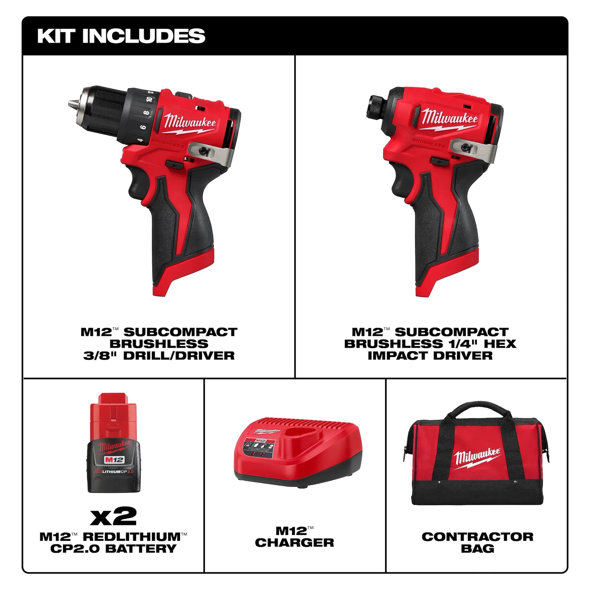 MILWAUKEE 3494-22 M12™ Subcompact Brushless 2-Tool Combo Kit