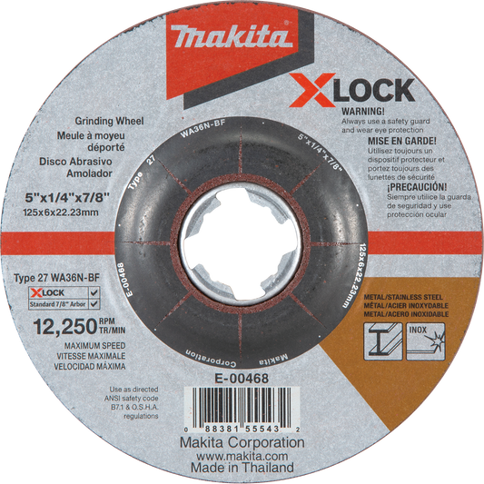 MAKITA E-00468 X‑LOCK 5" x 1/4" x 7/8" Type 27 General Purpose 36 Grit Abrasive Grinding Wheel for Metal & Stainless Steel Grinding