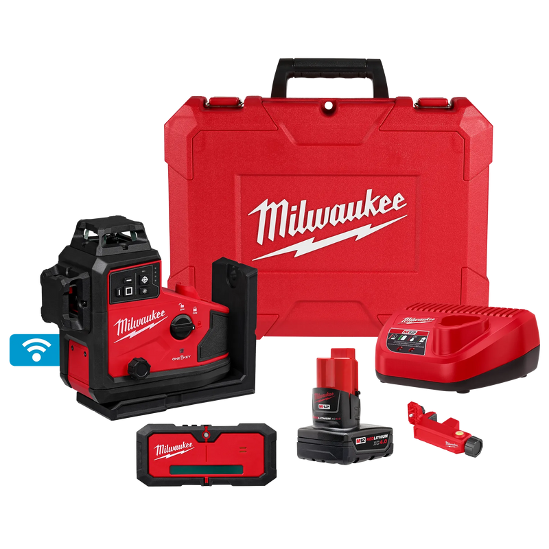 MILWAUKEE 3642-21 M12™ Green 360° 3-Plane Laser w/Automatic Alignment & Receiver