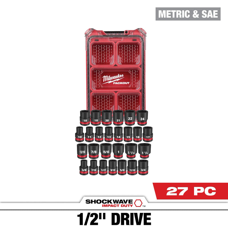 MILWAUKEE 49-66-6804 27PC SHOCKWAVE™ Impact Duty Socket 1/2” Drive MM & SAE Set with PACKOUT™