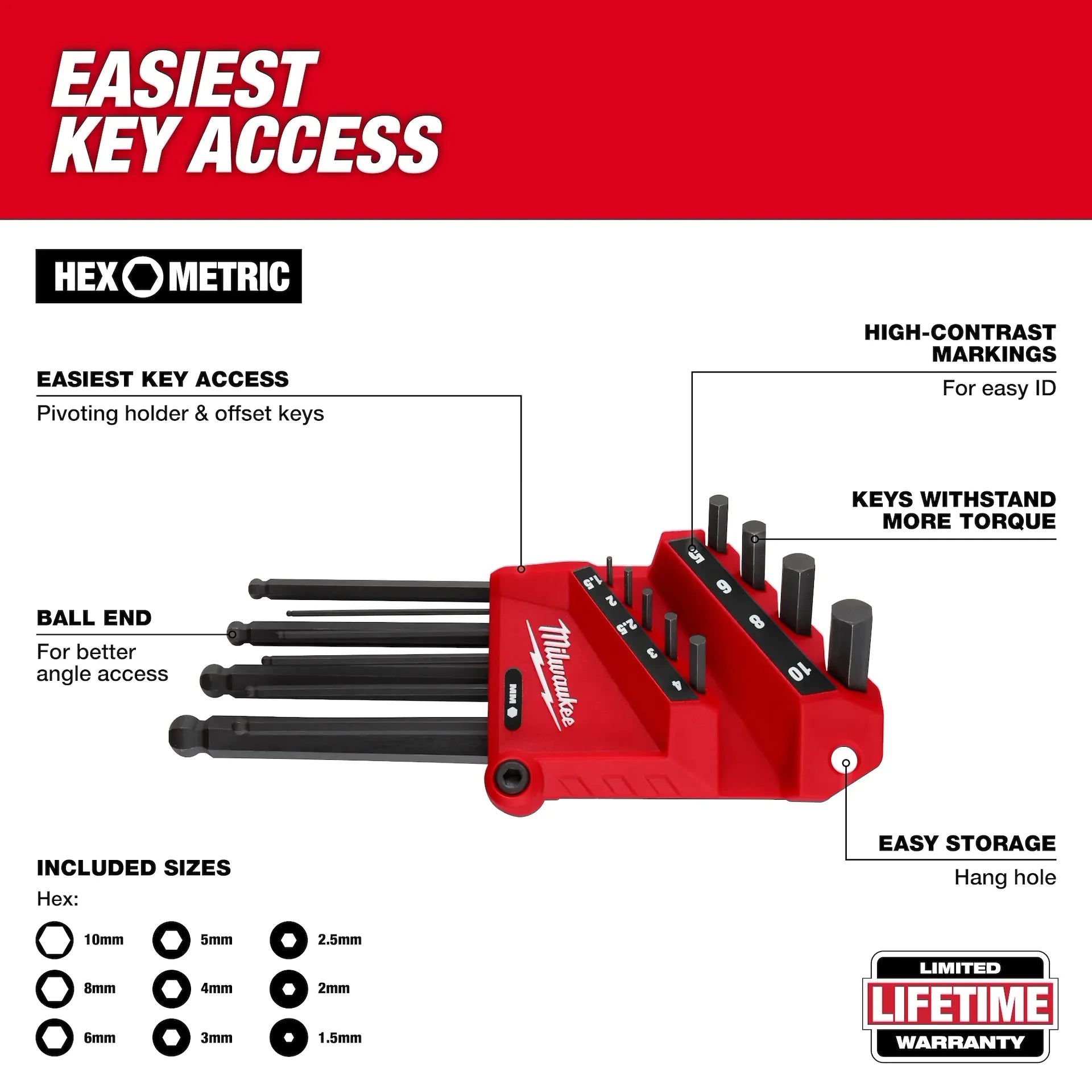 MILWAUKEE 48-22-2186 9-Key Ball End L-Style Hex Key Set - Metric