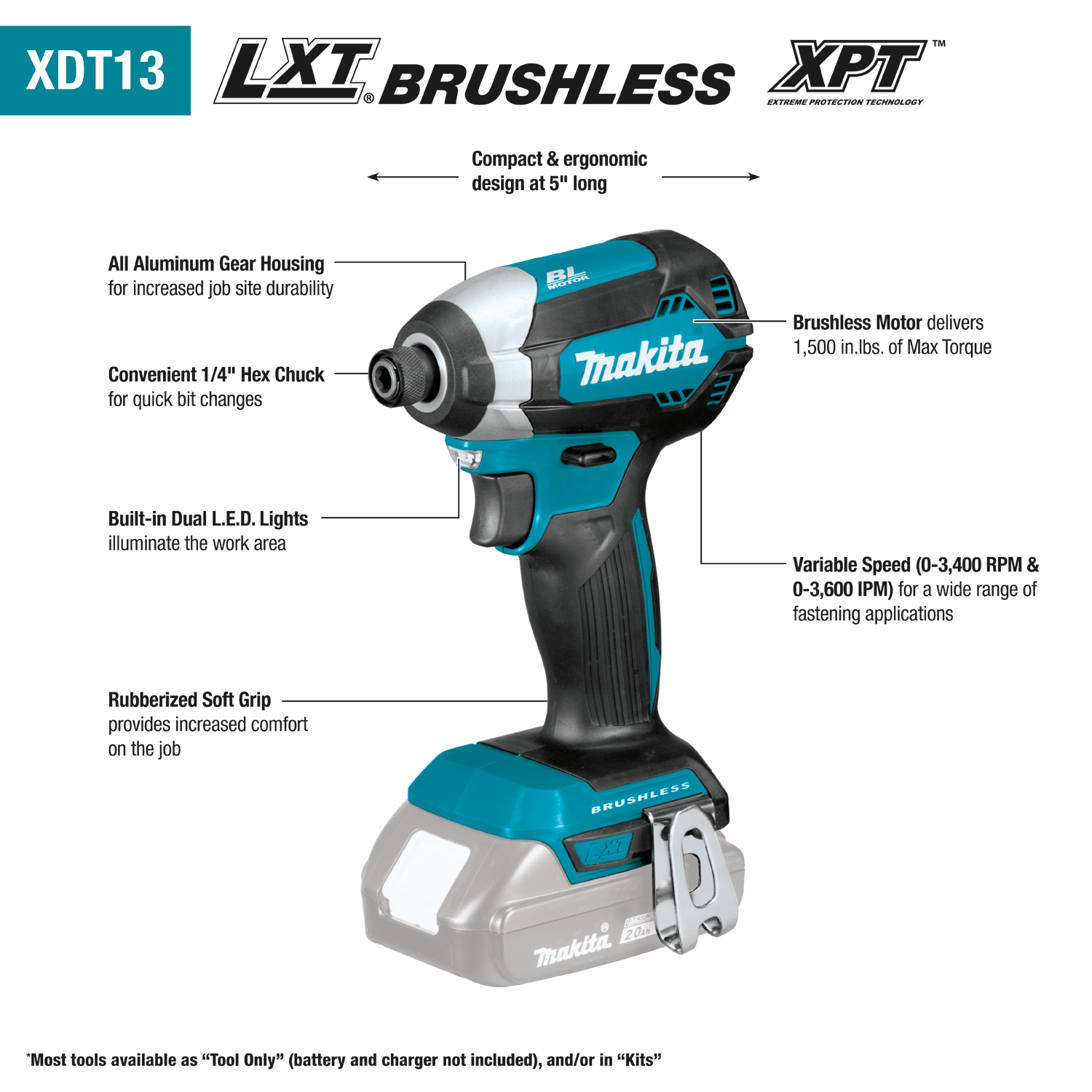 MAKITA XDT13Z 18V LXT® Lithium‑Ion Brushless Cordless Impact Driver, Tool Only