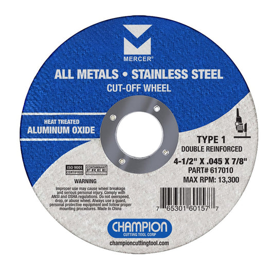 MERCER 617010 4-1/2" Type 1 Thin Cut-Off Wheels Heat Treated Alum Oxide - For Ferrous Metals, Stainless Steel
