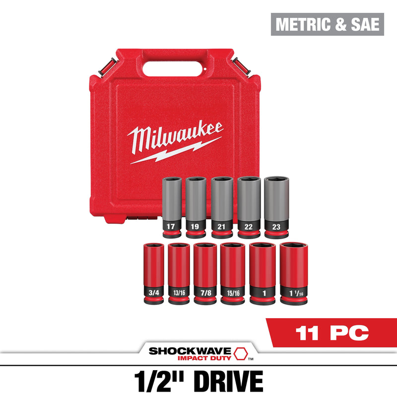 MILWAUKEE 49-66-7833 SHOCKWAVE™ Impact Duty 1/2 Drive SAE & Metric 11PC Lug Nut Wheel Socket Set