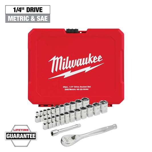 MILWAUKEE 48-22-9044 25pc 1/4" Drive Metric & SAE Ratchet and Socket Set with FOUR FLAT™ SIDES