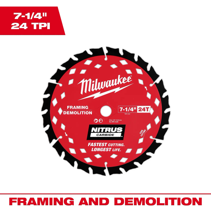 MILWAUKEE 48-41-0750 7-1/4” 24T NITRUS™ Carbide Framing & Demolition Circular Saw Blade