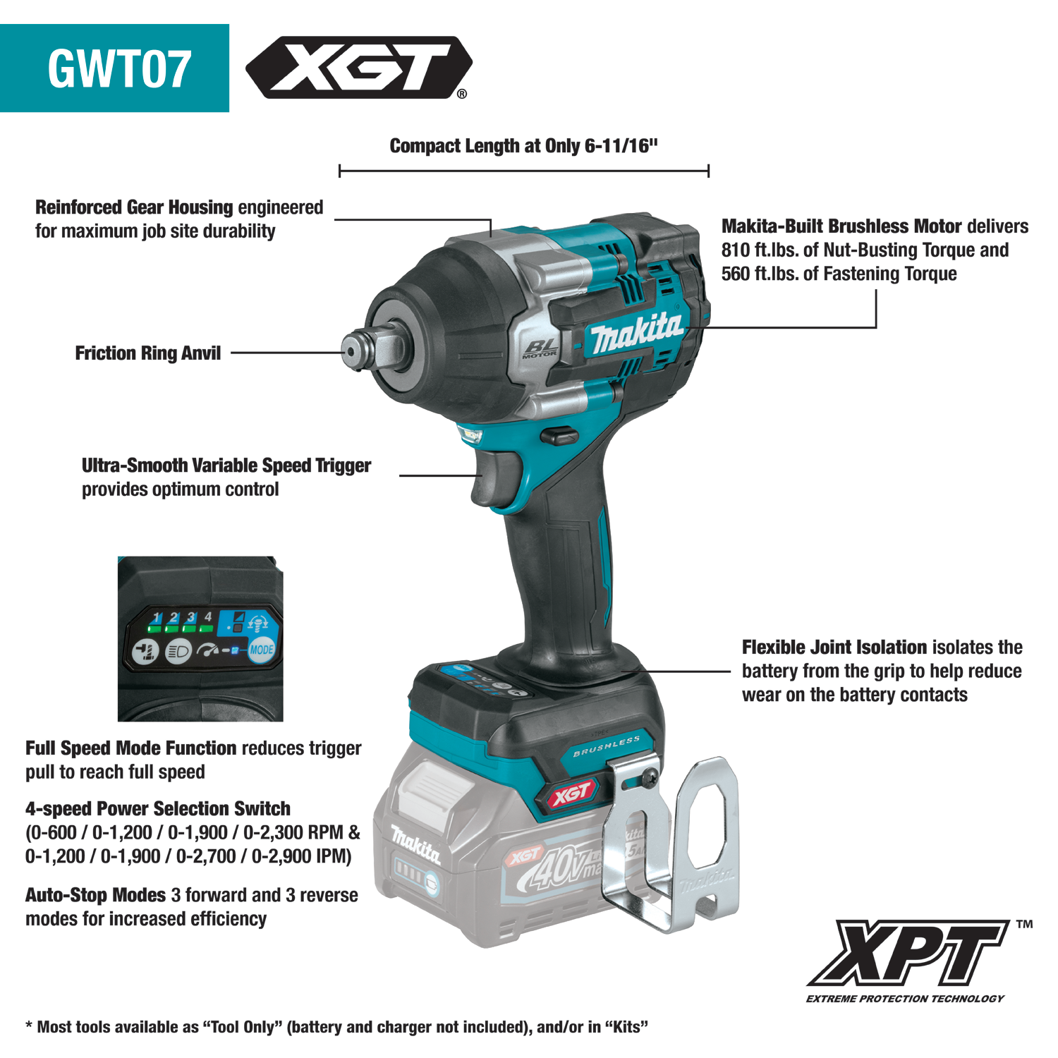 MAKITA GWT07D 40V max XGT® Brushless Cordless 4‑Speed Mid‑Torque 1/2