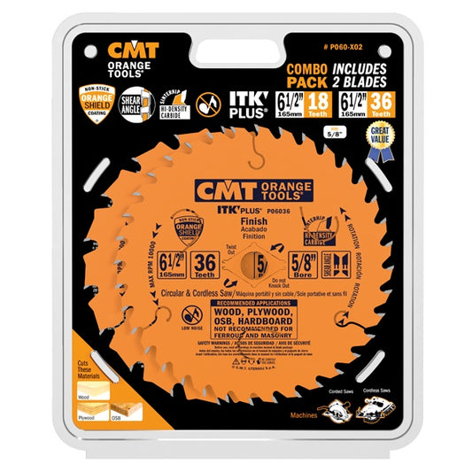 CMT P060-X02 6-1/2" 2-PC Combo Blade Set – 18T Framing & 36T Finish, 5/8" Arbor for Circular Saws
