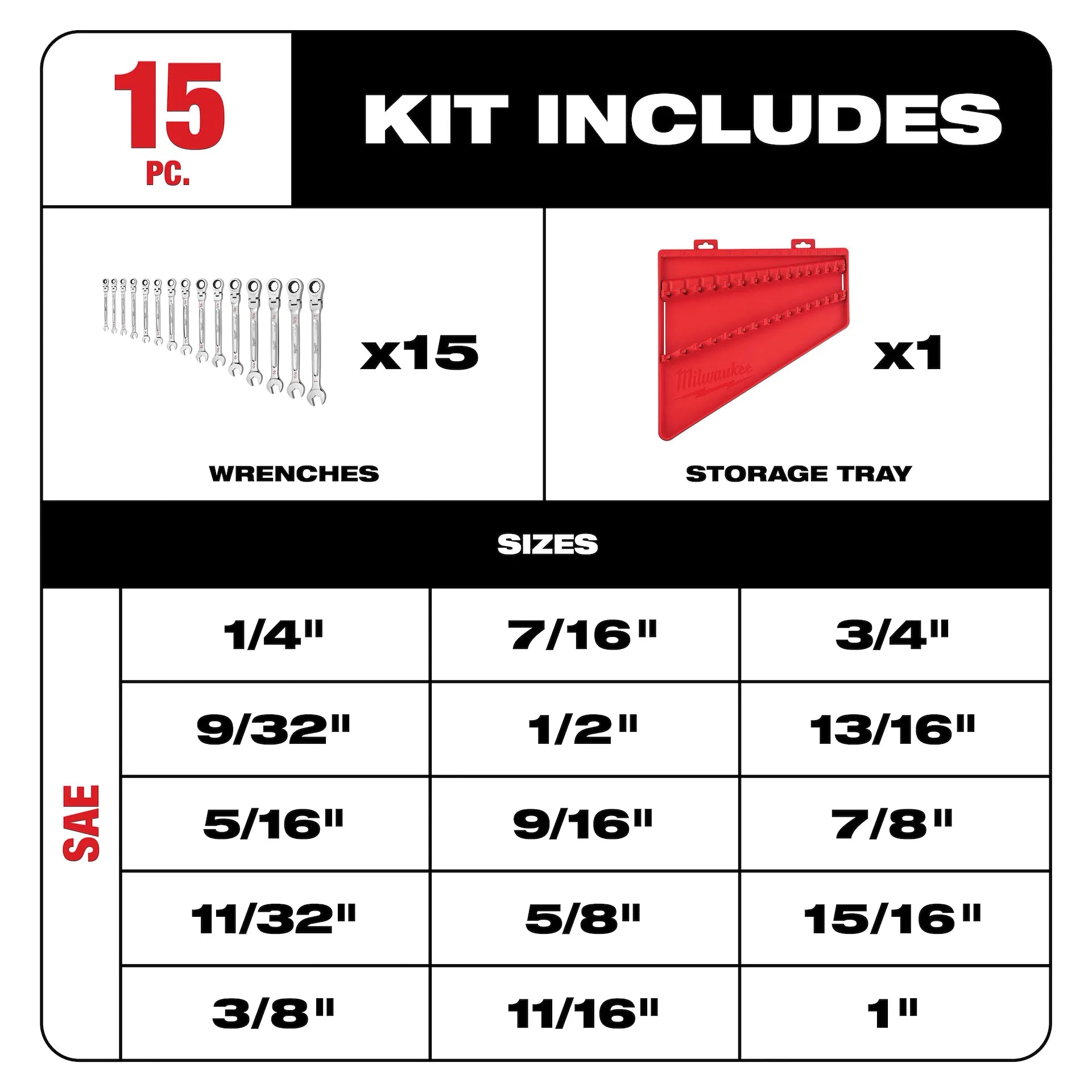 MILWAUKEE 48-22-9413 15pc SAE Flex Head Ratcheting Combination Wrench Set