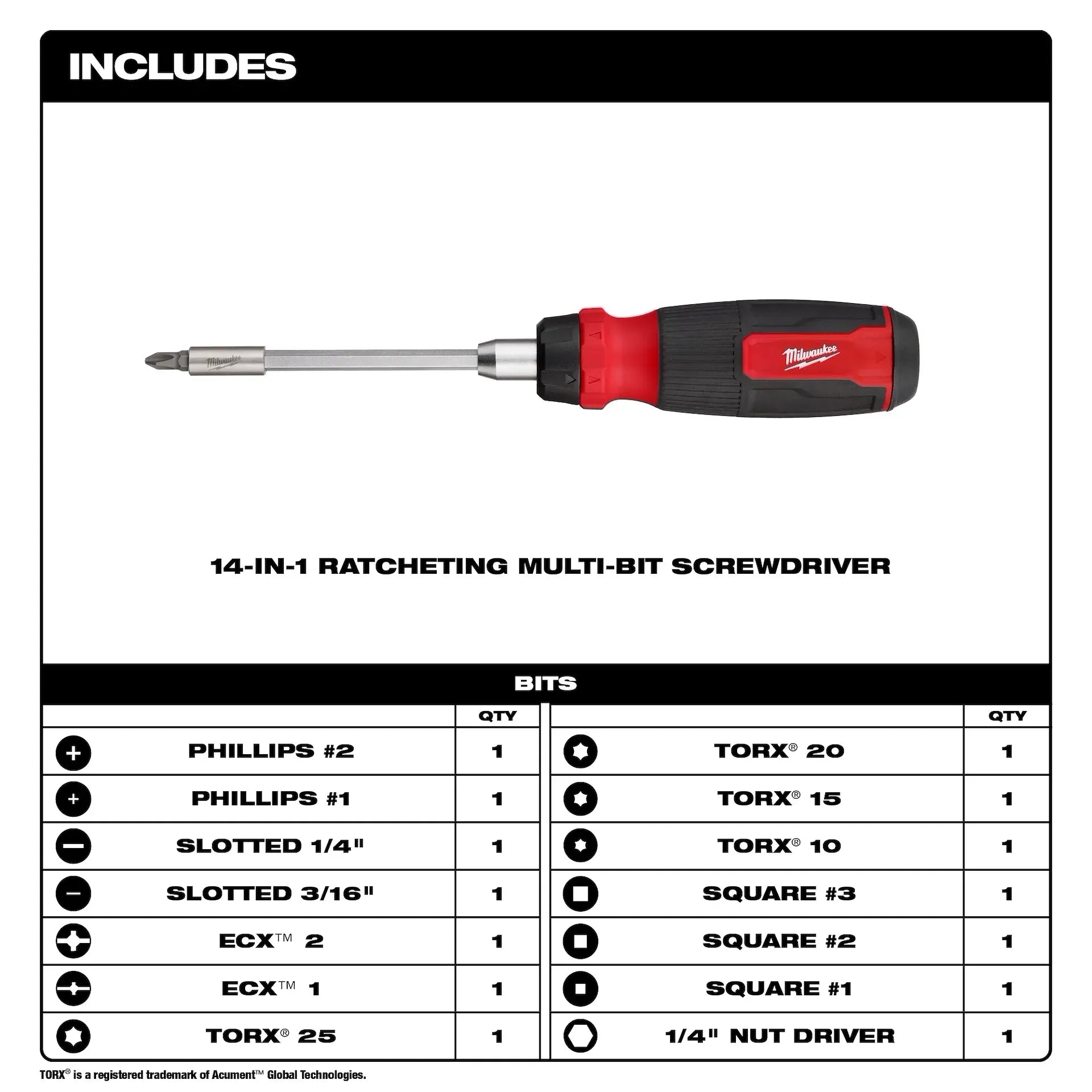 MILWAUKEE 48-22-2903 14-in-1 Ratcheting Multi-Bit Screwdriver