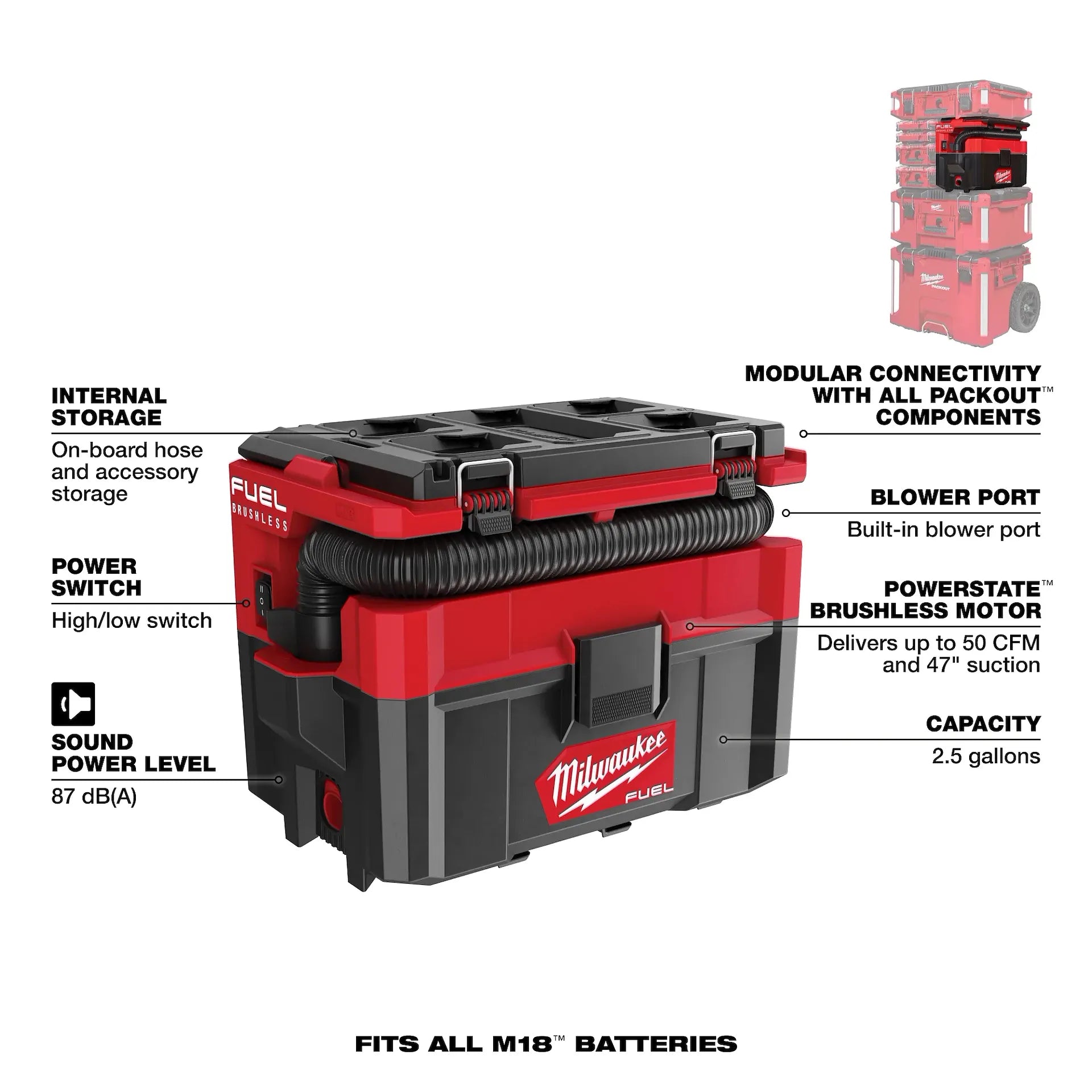 MILWAUKEE 0970-20 M18 FUEL™ 2.5 Gallon Wet/Dry Vacuum w/ PACKOUT™ Compatibility
