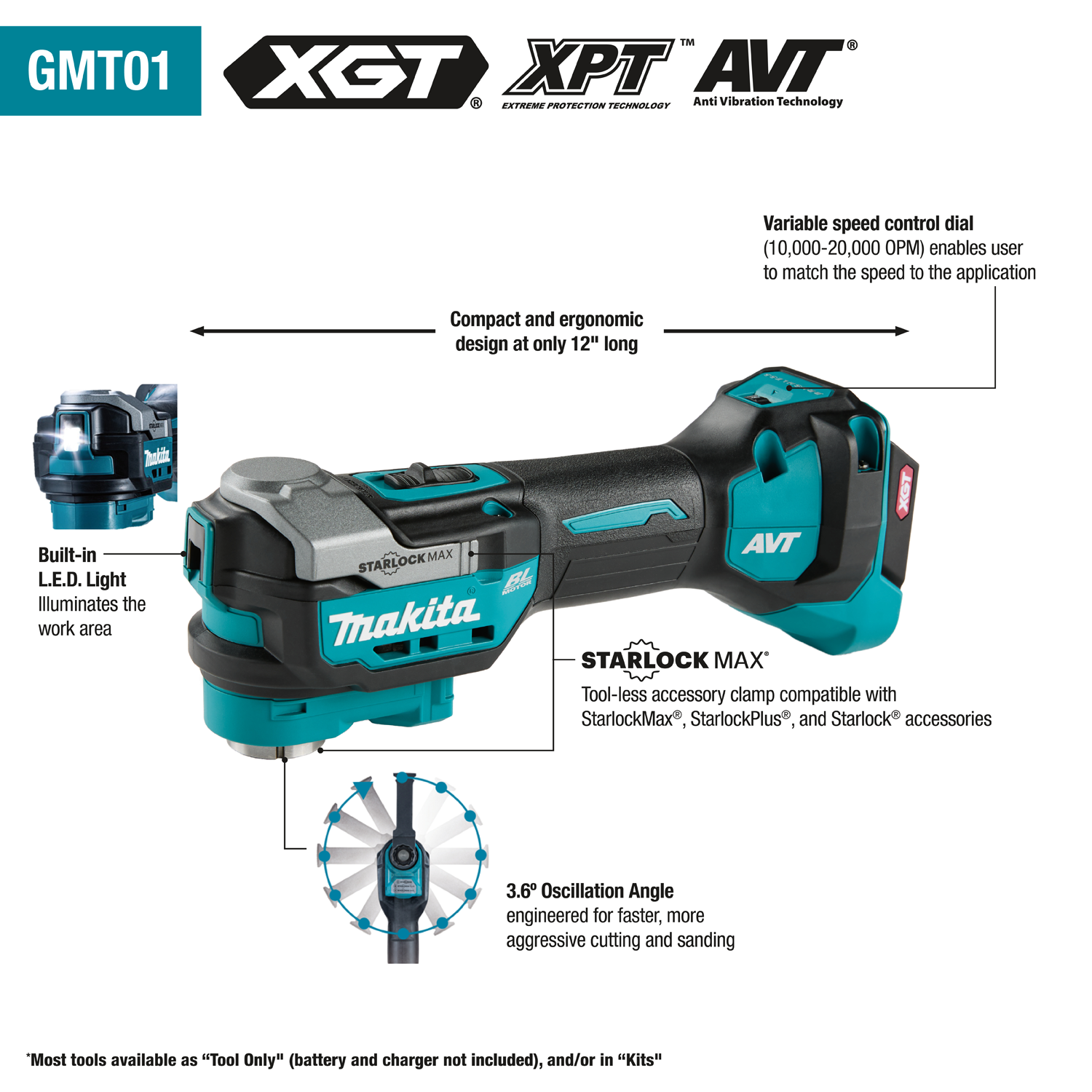 MAKITA GMT01Z 40V max XGT® Brushless Cordless StarlockMax® Oscillating Multi‑Tool, Tool Only