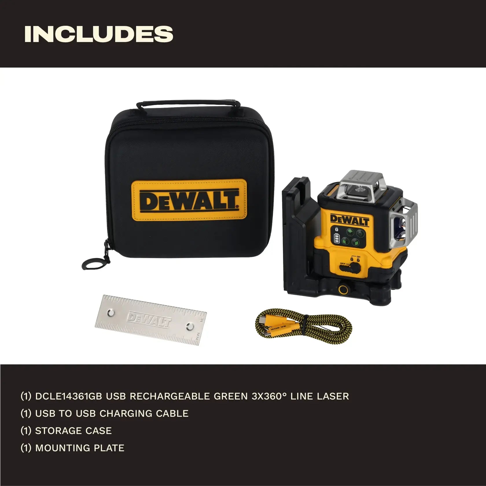 DEWALT DCLE14361GB Usb-C Rechargeable 3X360° Green Line Laser