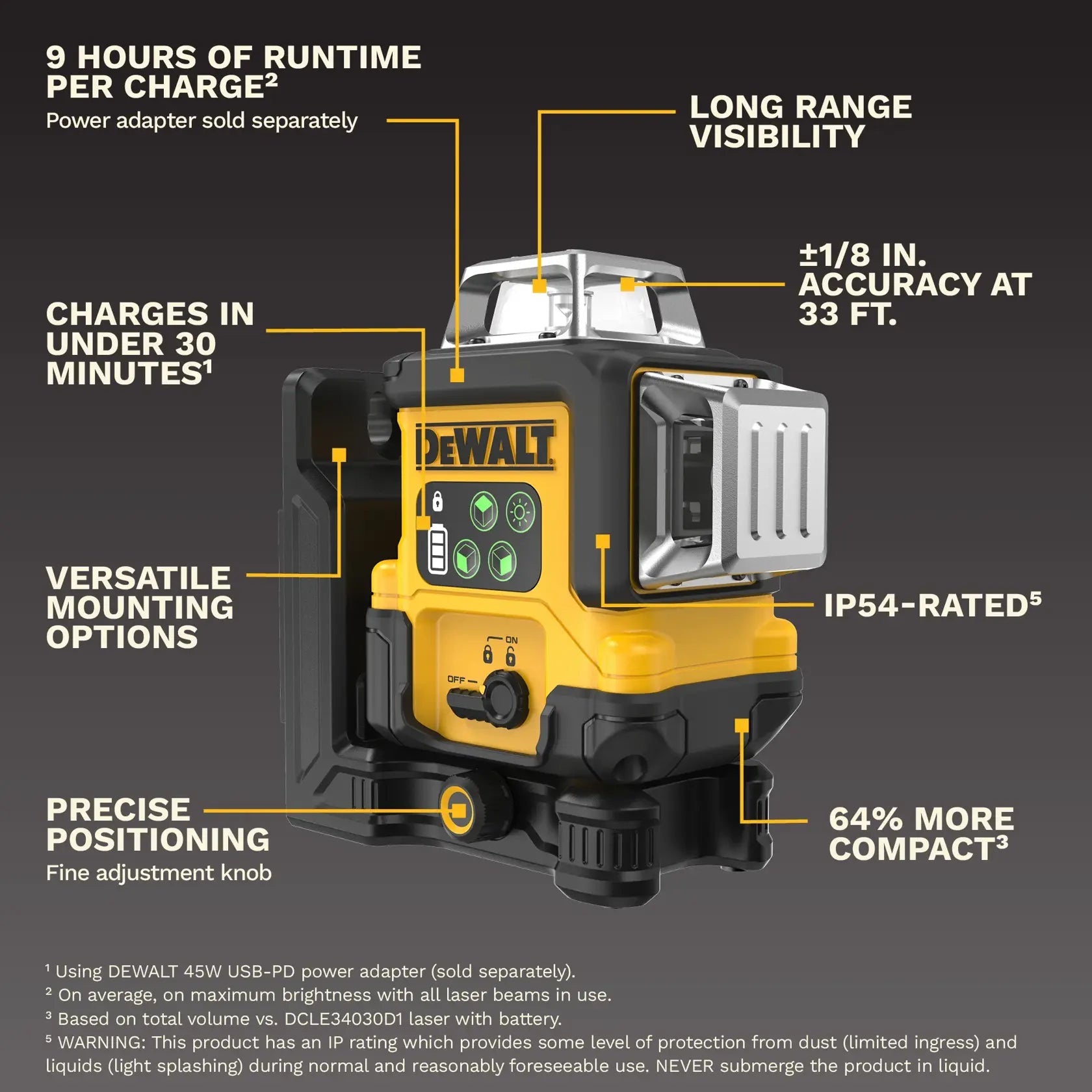 DEWALT DCLE14361GB Usb-C Rechargeable 3X360° Green Line Laser