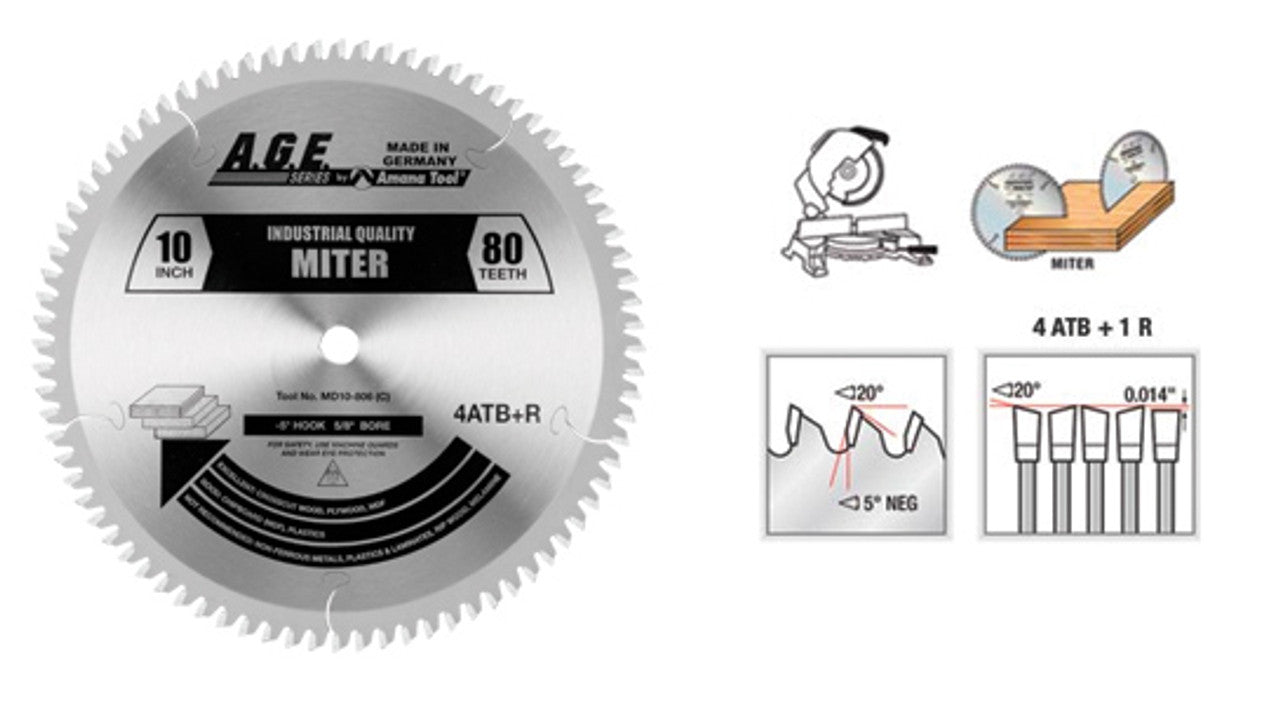 AGE Series MD12-106 Carbide Tipped Heavy Miter 12 Inch D x 100T 4+1 ATB, -5 Deg, 1 Inch Bore, Circular Saw Blade