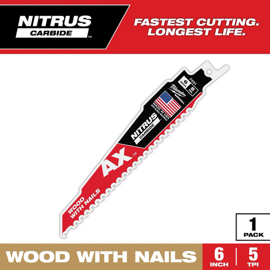 MILWAUKEE 48-00-7251 6" 5 TPI AX™ w/NITRUS™ Carbide Teeth SAWZALL® Blade for Wood with Nails