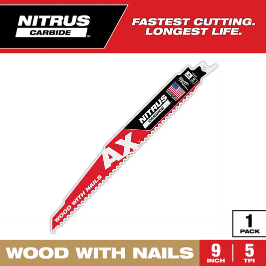 MILWAUKEE 48-00-7252 9" 5 TPI AX™ w/NITRUS™ Carbide Teeth SAWZALL® Blade for Wood with Nails