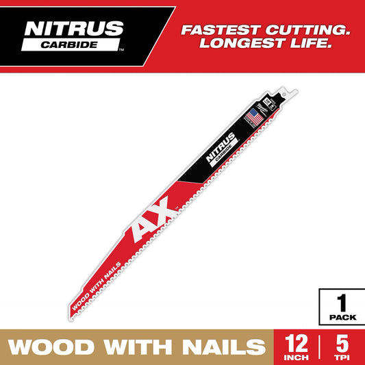 MILWAUKEE 48-00-7253 12" 5 TPI AX™ w/NITRUS™ Carbide Teeth SAWZALL® Blade for Wood with Nails