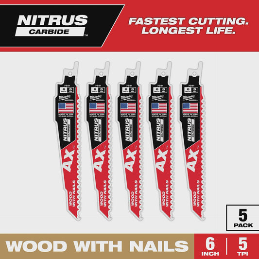 MILWAUKEE 48-00-7551 6" 5 TPI AX™ w/NITRUS™ Carbide Teeth SAWZALL® Blade for Wood with Nails 5PK