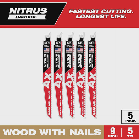 MILWAUKEE 48-00-7552 9" 5 TPI AX™ w/NITRUS™ Carbide Teeth SAWZALL® Blade for Wood with Nails 5PK