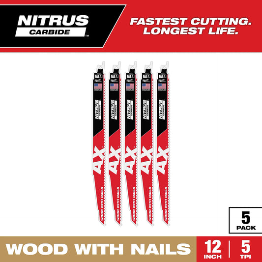 MILWAUKEE 48-00-7553 12" 5 TPI AX™ w/NITRUS™ Carbide Teeth SAWZALL® Blade for Wood with Nails 5PK