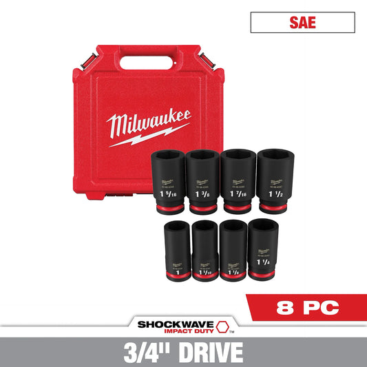 MILWAUKEE 49-66-7018 8PC SHOCKWAVE™ Impact Duty 3/4" Drive SAE Deep 6 Point Socket Set